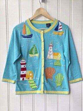 Vintage Rainbow Bridge Sailboat Beach Nautical Button Cardigan Sweater Small